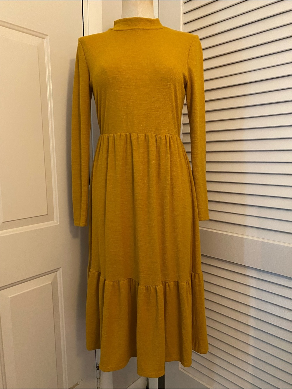 Mustard Long Sleeve Tiered Midi Dress- Size Medium